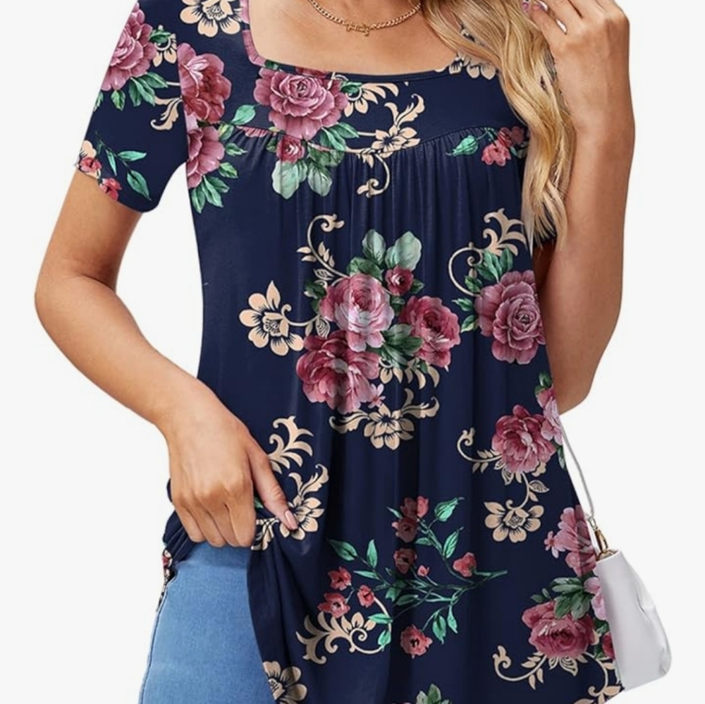 *BRAND NEW*Xpenyo M Women's Casual Petal Sleeve Tunic Pleated Square Neck Top